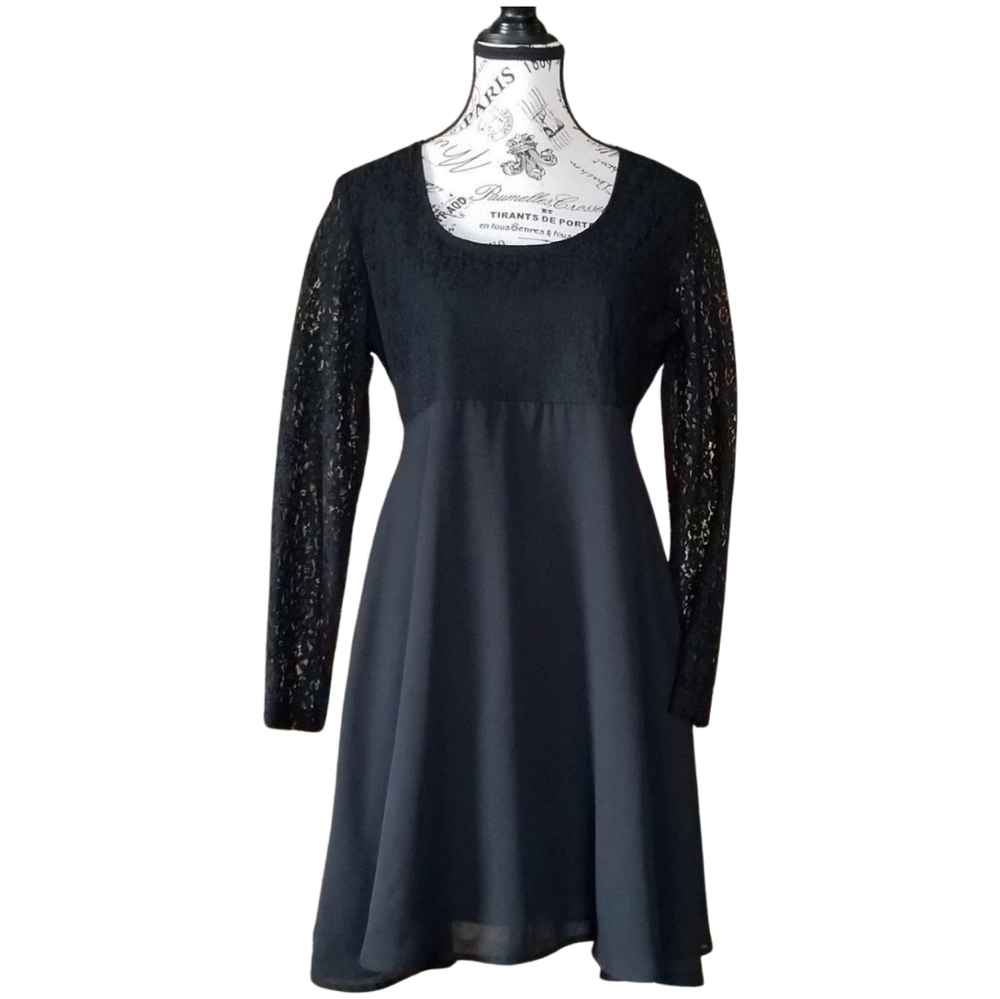 🇨🇦 90s Black Mini Chiffon Dress With Lace Sleeves Size Medium Empire Waist
